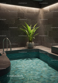 Luxury Indoor Pool with Green Plant and Dark Marble Walls
