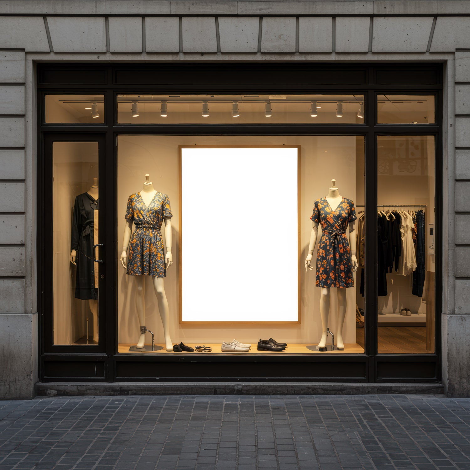 Fashionable summer dresses displayed in boutique window