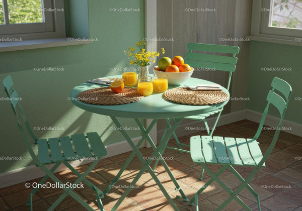 Sunlit breakfast nook with fresh orange juice and fruit bowl