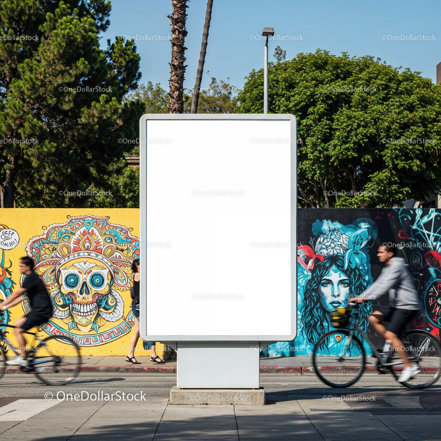 Blank street billboard with colorful urban graffiti art