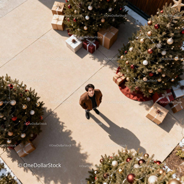 Young man standing among decorated Christmas trees outdoors