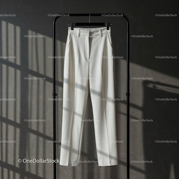 Elegant white tailored trousers hanging on rack JPG Mockup Image