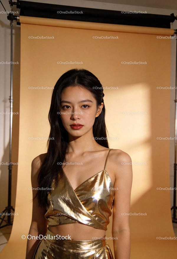 Confident young woman in metallic gold outfit