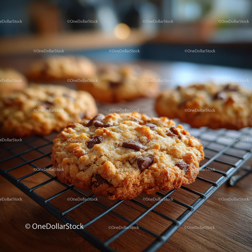 Chocolate Chip Cookies Freshly Baked on Baking Rack in Cozy Kitchen