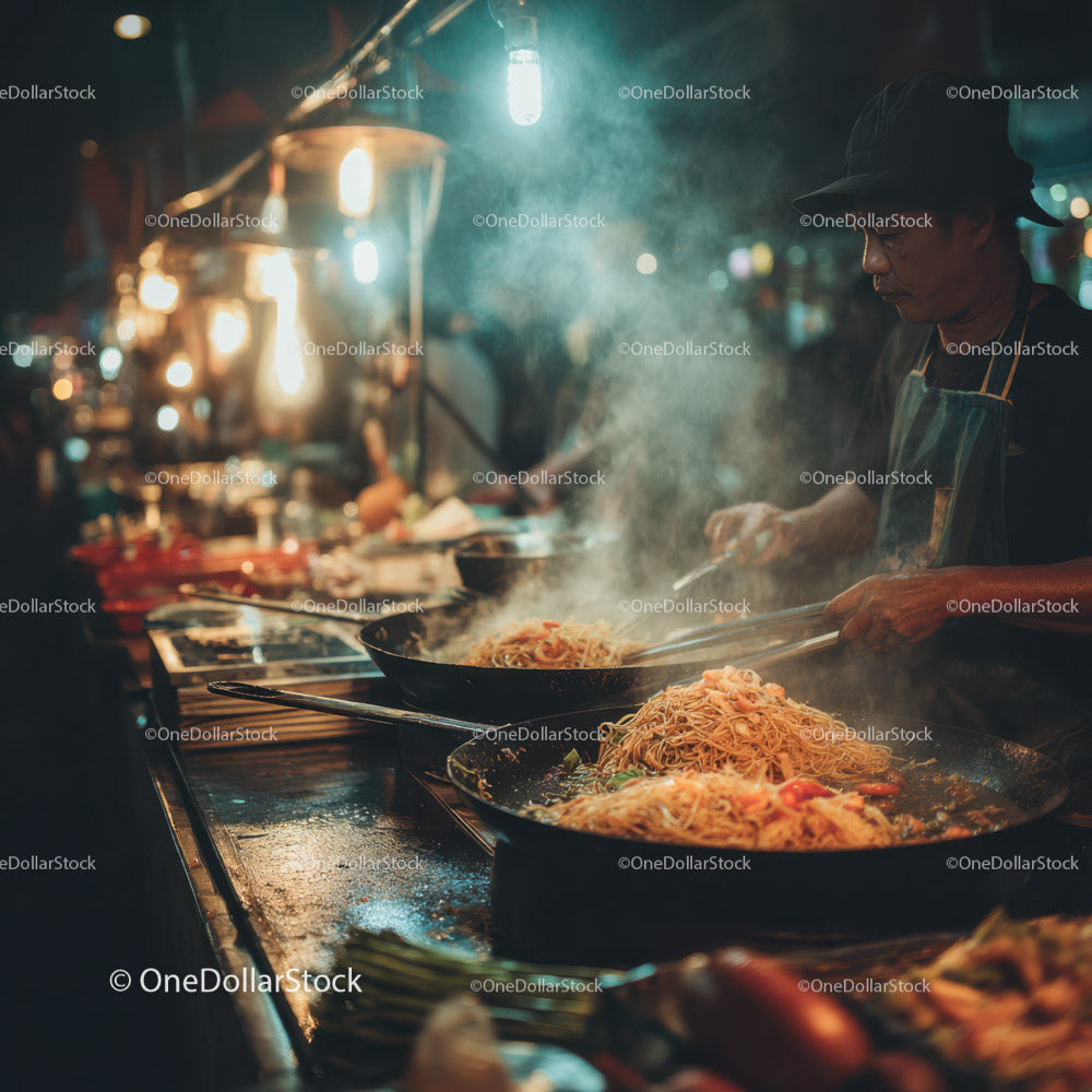 Street Food Vendor Preparing Stir-Fried Noodles at Night Market