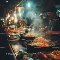 Street Food Vendor Preparing Stir-Fried Noodles at Night Market