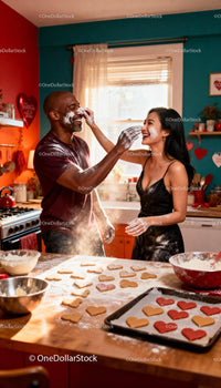Couple playfully baking heart-shaped cookies together