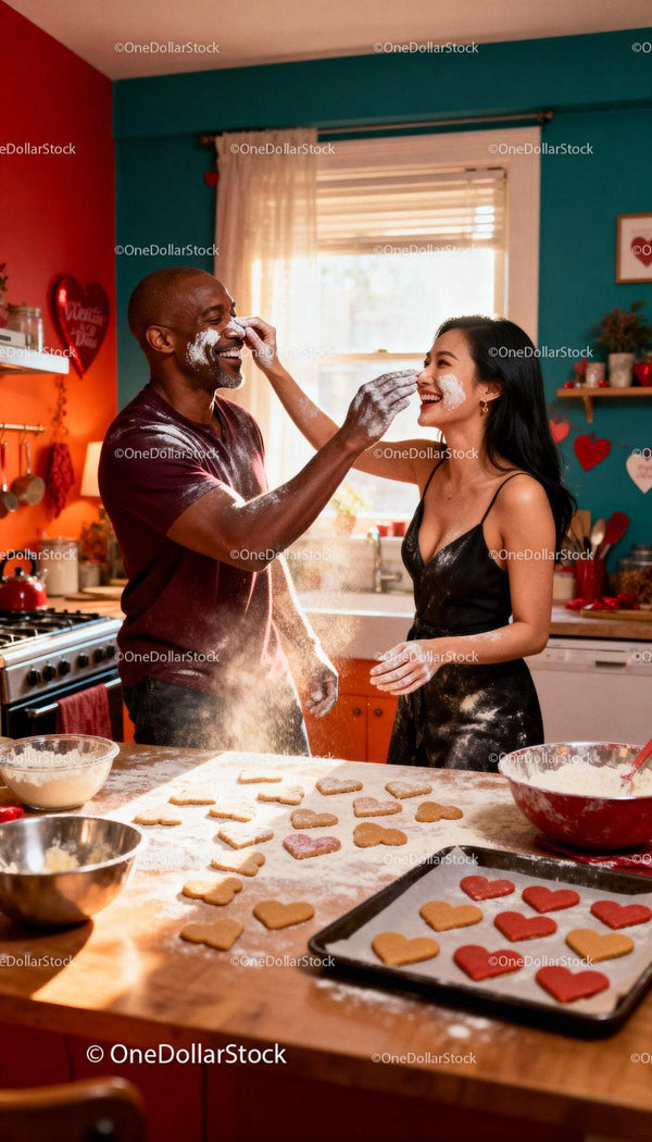 Couple playfully baking heart-shaped cookies together