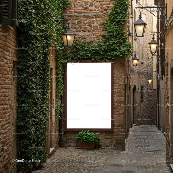 Cozy narrow street with illuminated lanterns and greenery JPG Mockup Image