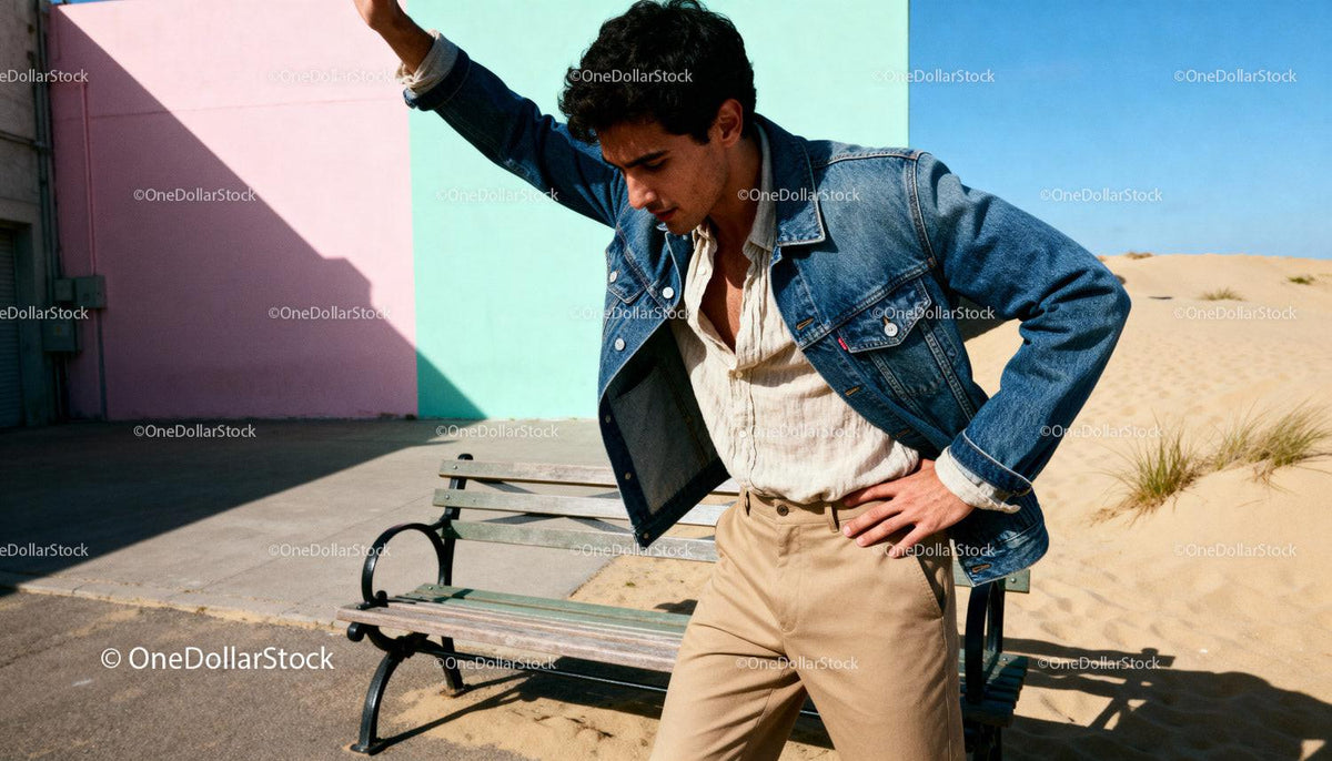 Young Man Stretching by Colorful Wall and Bench