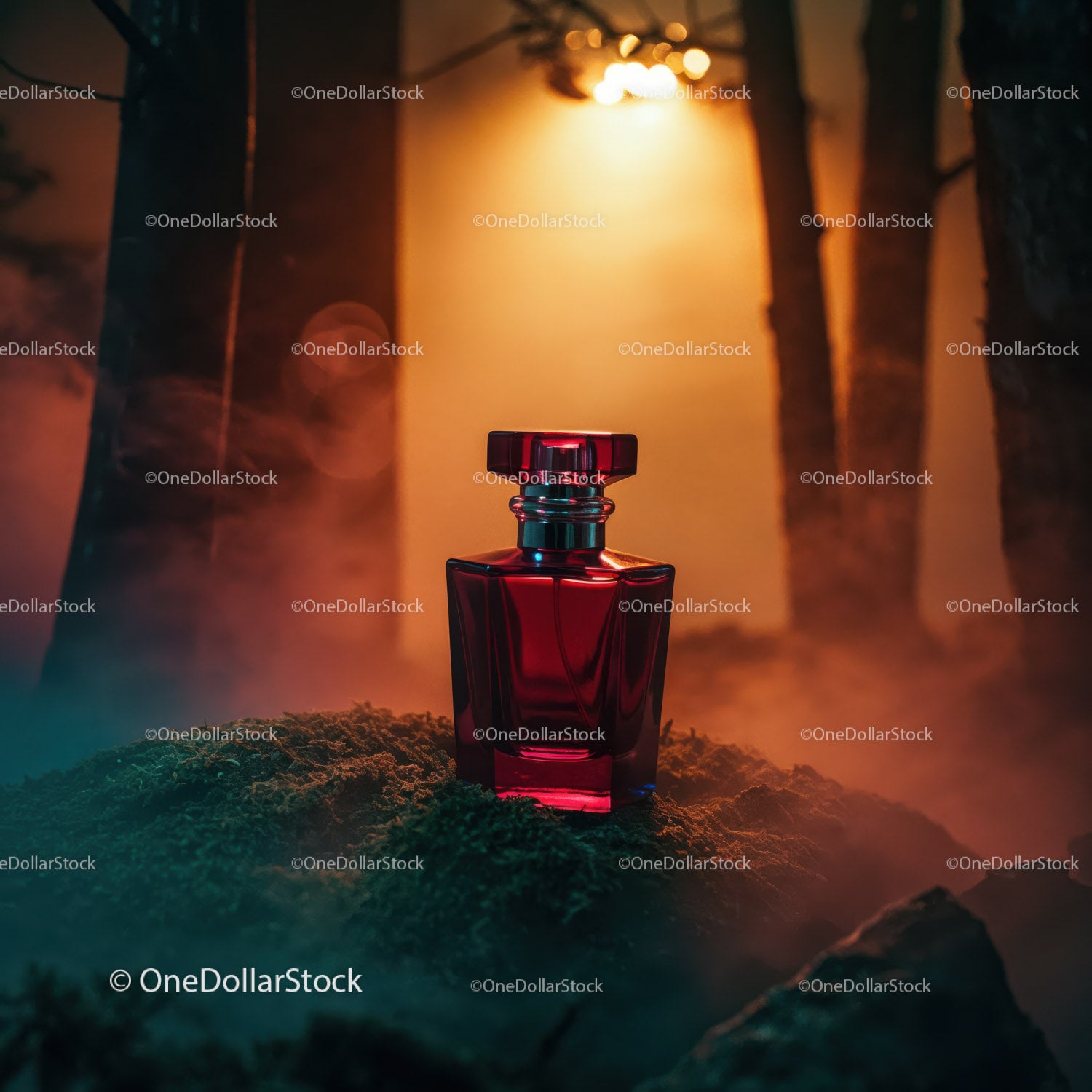 Luxury Red Perfume Bottle in Mystical Forest Scene