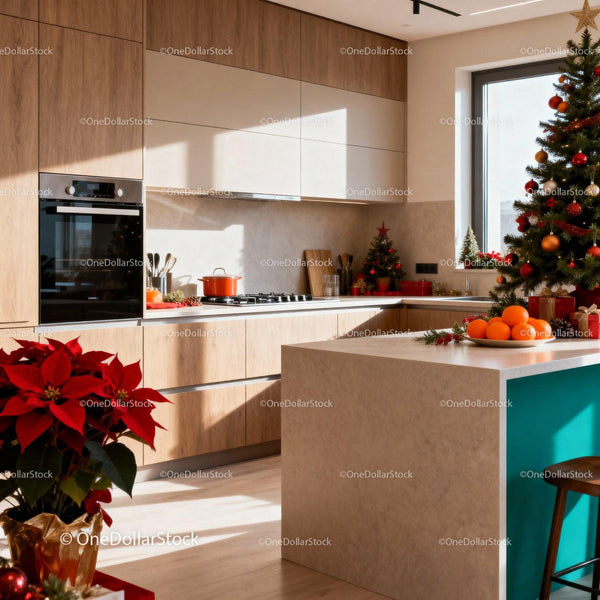 Modern Kitchen with Festive Christmas Decorations and Morning Light