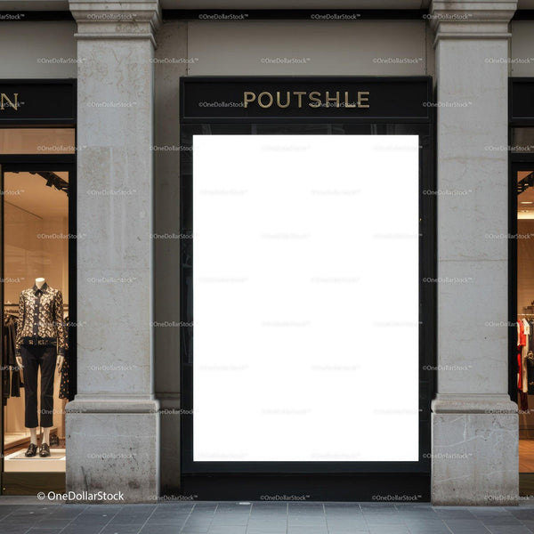 Empty Billboard on Fashion Boutique Exterior Wall JPG Mockup Image