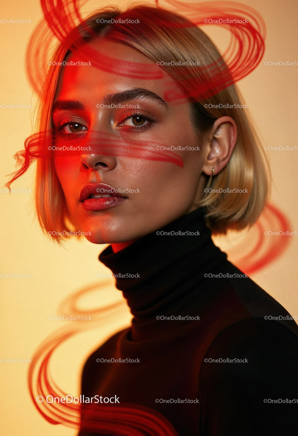 Creative Artistic Makeup Portrait with Red Face Paint and Blonde Hair