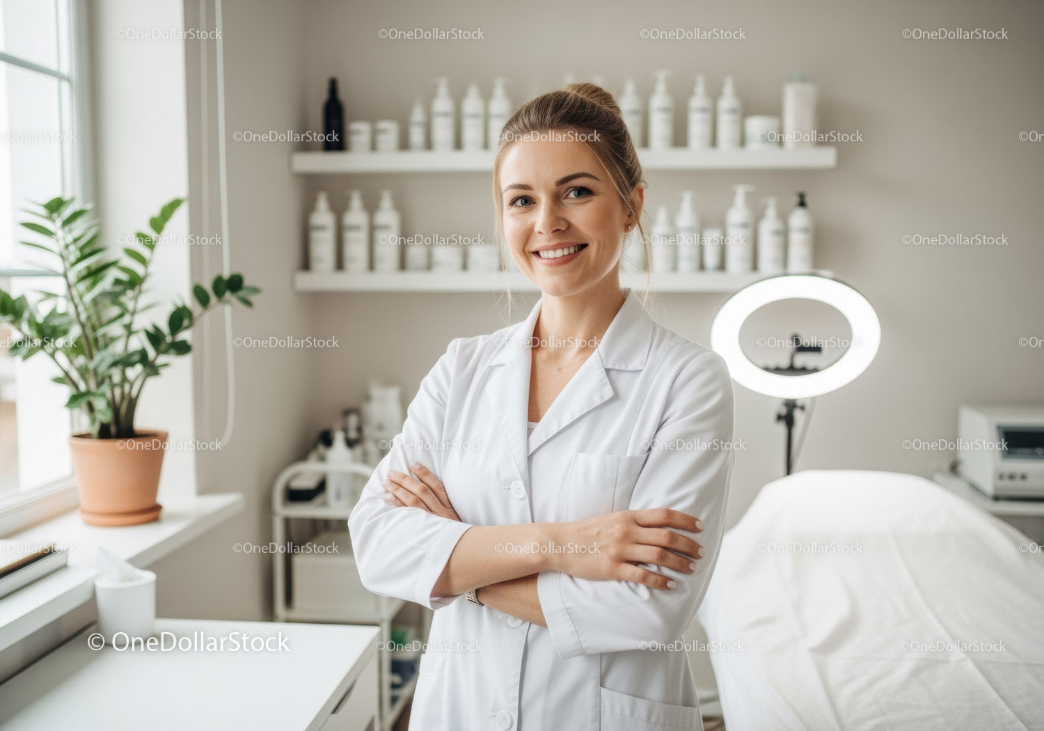 Uśmiechnięta pracownica służby zdrowia w nowoczesnej klinice medycznej