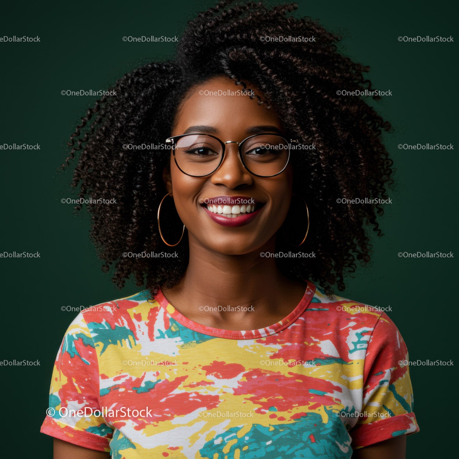 Young Happy African American Woman with Curly Hair and Glasses