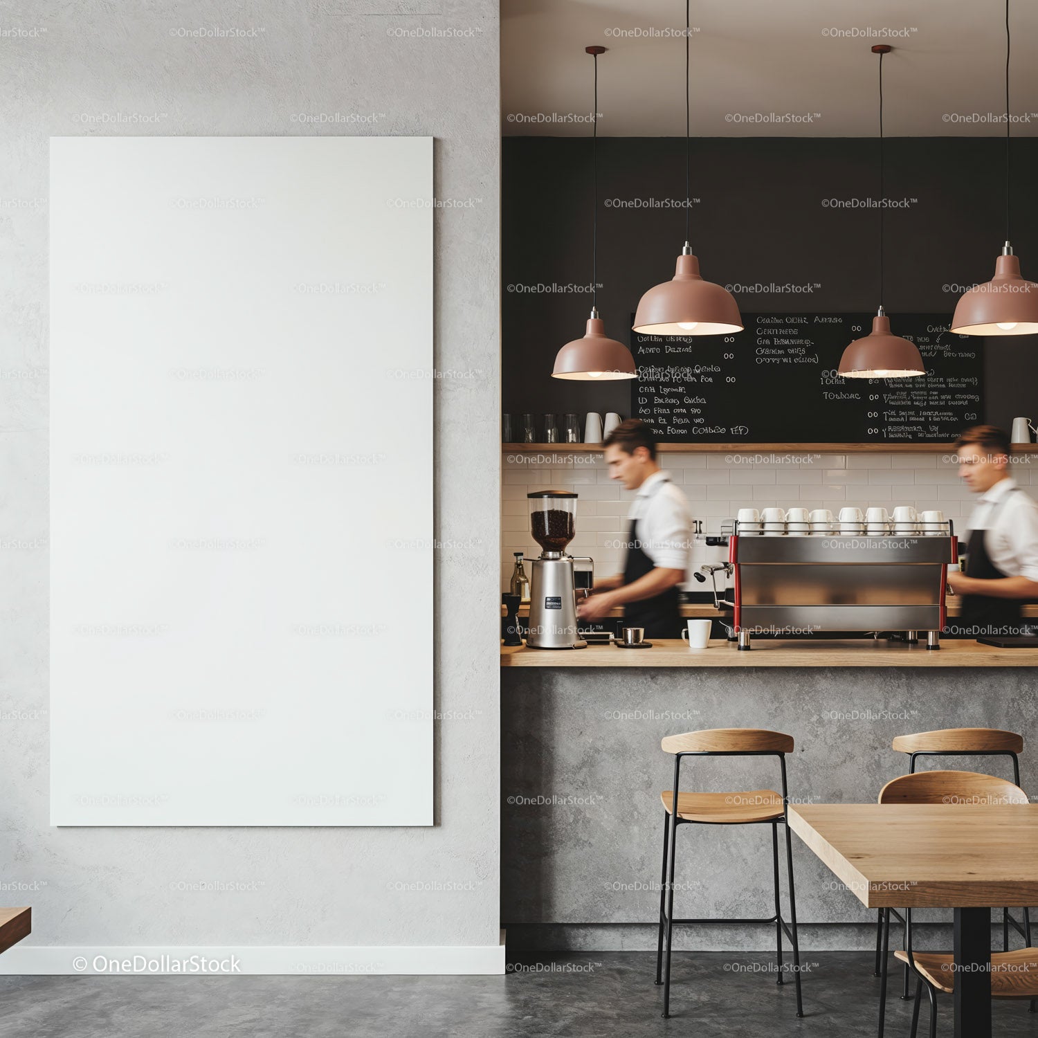 Modern coffee shop interior with baristas at work