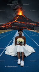 Bride in Wedding Dress Amidst Erupting Volcano