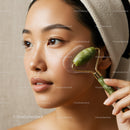 Asian Woman Using Jade Roller for Facial Massage Spa Skincare