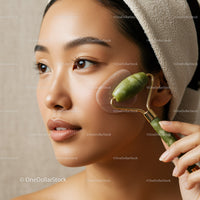 Asian Woman Using Jade Roller for Facial Massage Spa Skincare