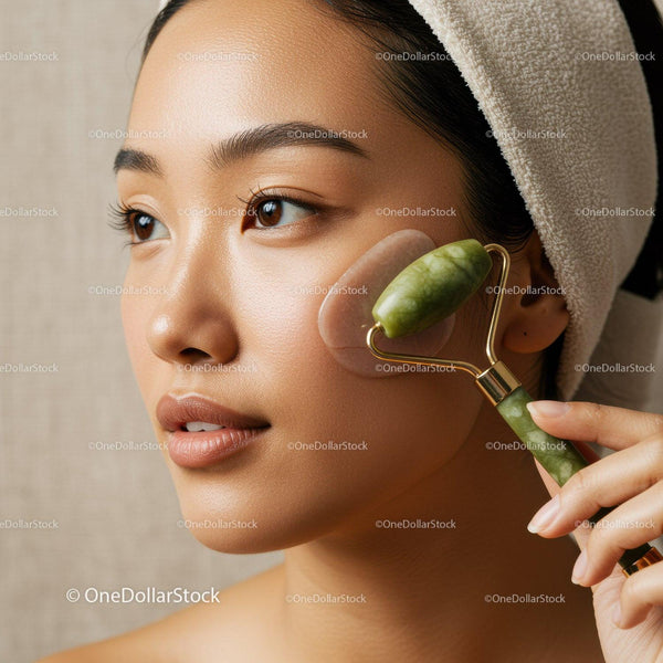 Asian Woman Using Jade Roller for Facial Massage Spa Skincare