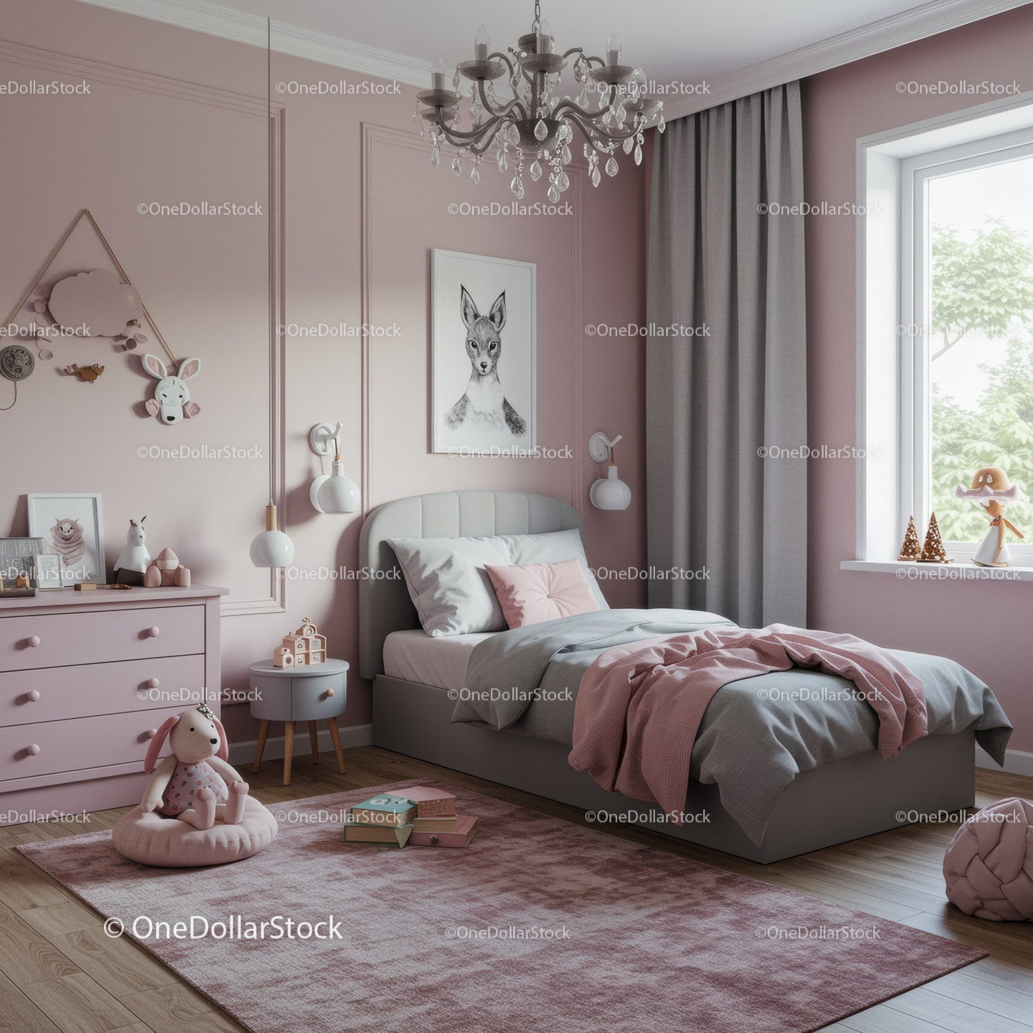 Pink Kids Bedroom with Plush Decor and Natural Light