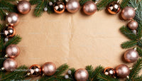 Christmas frame with rose gold baubles and pine branches