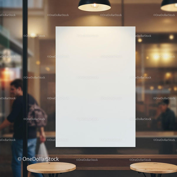 Blank white poster in cozy modern cafe interior JPG Mockup Image