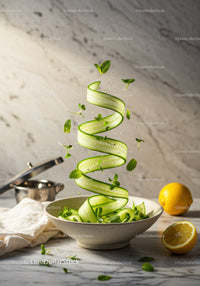Fresh cucumber ribbons with herbs in light kitchen setting
