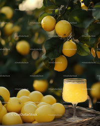 Fresh Lemons in Orchard with Lemons and Lemonade Glass