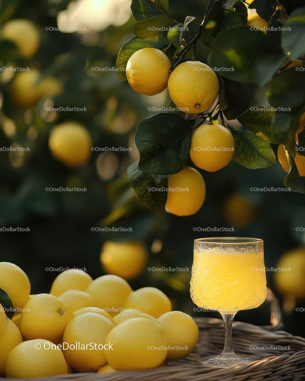 Fresh Lemons in Orchard with Lemons and Lemonade Glass