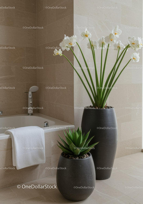 Eleganckie rośliny orchidei w nowoczesnej beżowej aranżacji łazienki