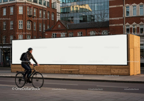 Rowerzysta przejeżdżający obok dużego, pustego billboardu miejskiego
