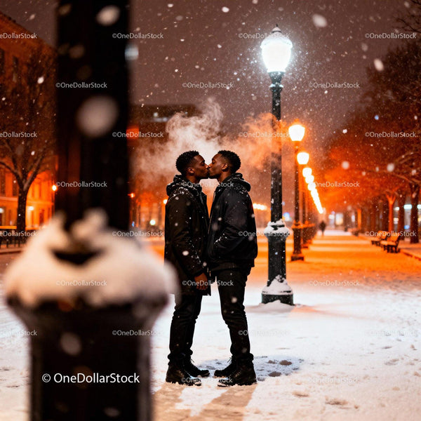 Couple Sharing a Kiss on Snowy Night Street