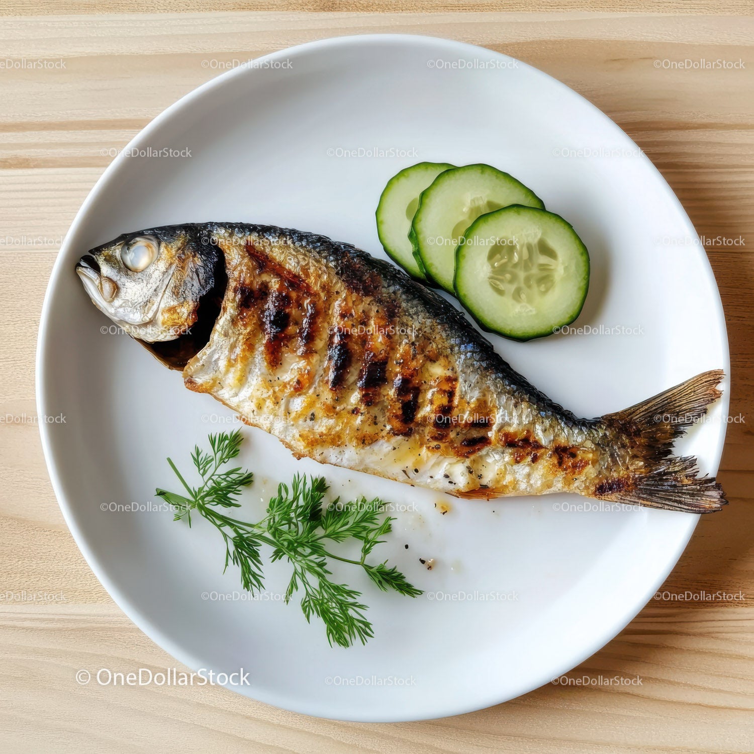 Grilled Fish with Fresh Cucumber Slices on White Plate