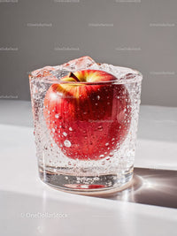 Fresh red apple submerged in sparkling water glass