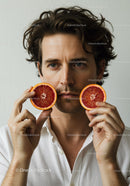 Man Holding Blood Orange Slices in Bright Natural Light