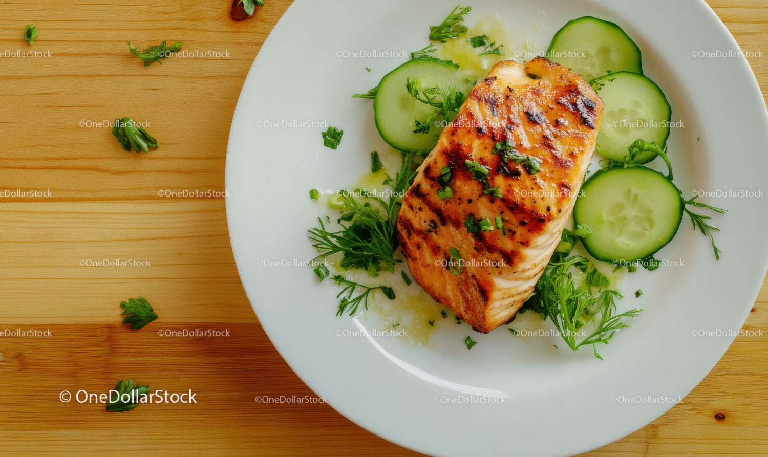 Gourmet Grilled Salmon with Cucumber and Herbs on White Plate