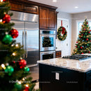 Modern kitchen decorated with Christmas tree and wreath