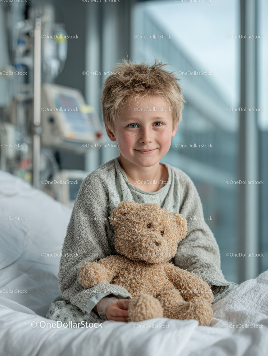 Young Boy with Teddy Bear in Hospital Room