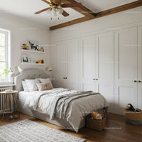 Modern Cozy Bedroom with White Wardrobe and Wooden Beams