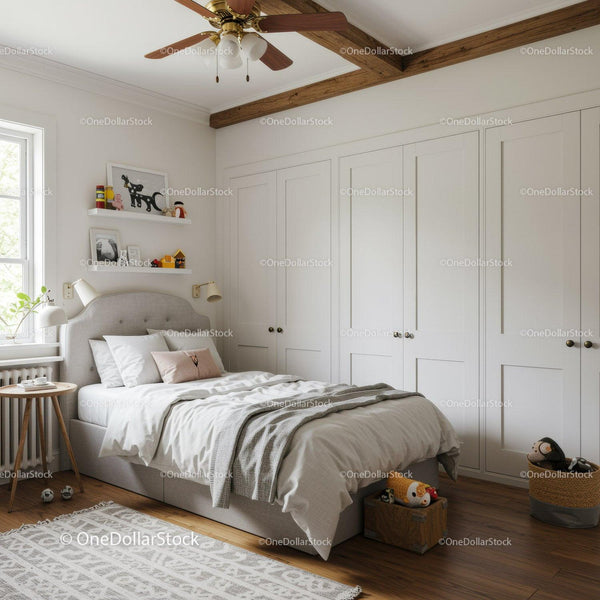 Modern Cozy Bedroom with White Wardrobe and Wooden Beams