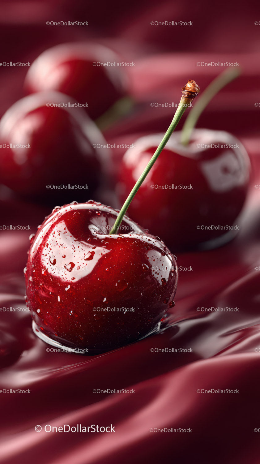 Close-up of Juicy Ripe Red Cherry with Water Droplets
