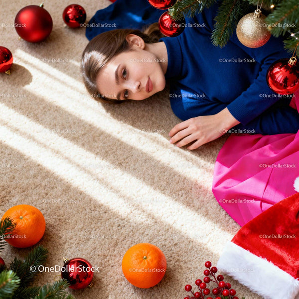 Young woman relaxing near festive Christmas decorations
