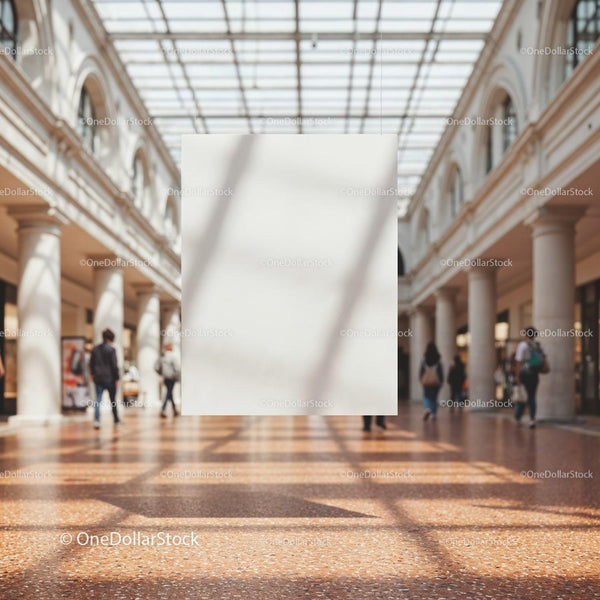 Spacious gallery hall with blank hanging poster display JPG Mockup Image