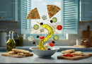 Fresh Mediterranean ingredients mixing in white bowl