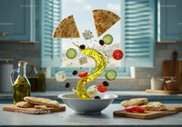 Fresh Mediterranean ingredients mixing in white bowl