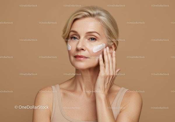 Elegant Mature Woman Applying Facial Moisturizer for Healthy Skin