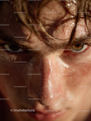 Intimate Macro Portrait of a Man with Water Droplets on Skin