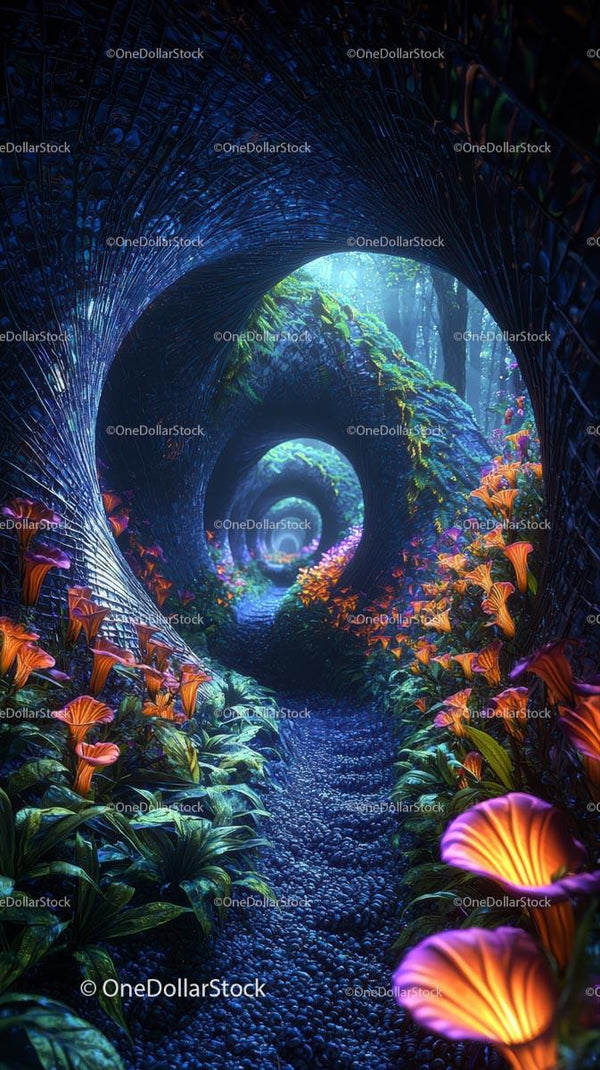 Zaczarowany Tunel Bioluminescencyjnego Lasu z Świecącymi Grzybami